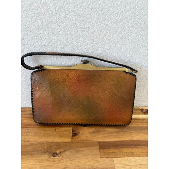 Antique Vintage Hand Tooled Brown Leather Purse Suede Lining Hand Strap - Picture 6 of 8